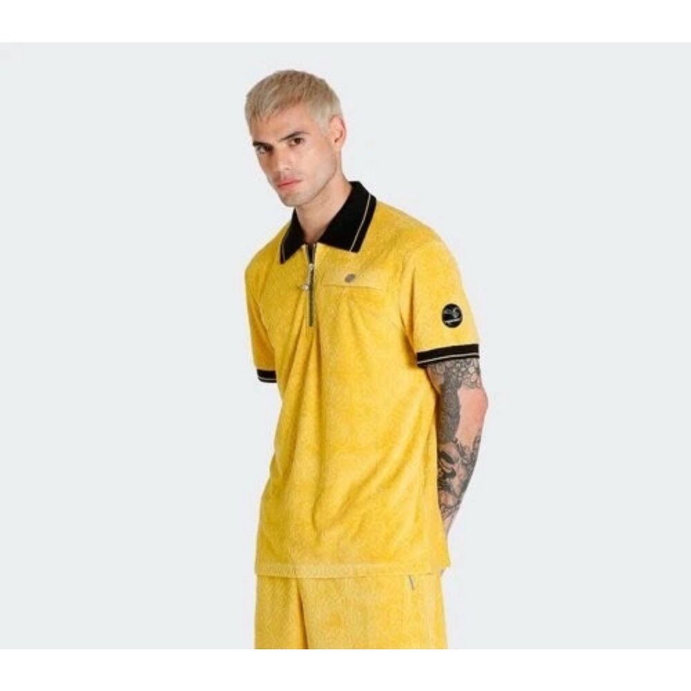 Men’s Puma Pronounce Terry cloth Polo Shirt Yellow Mustard Zip Top Sz Medium